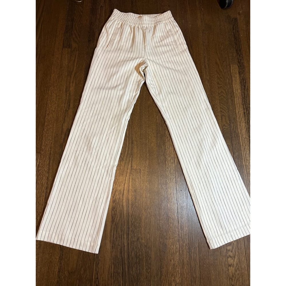 Essential Antwerp Linen Blend Pinstripe Wide Leg Trousers Cream Navy Elastic11
